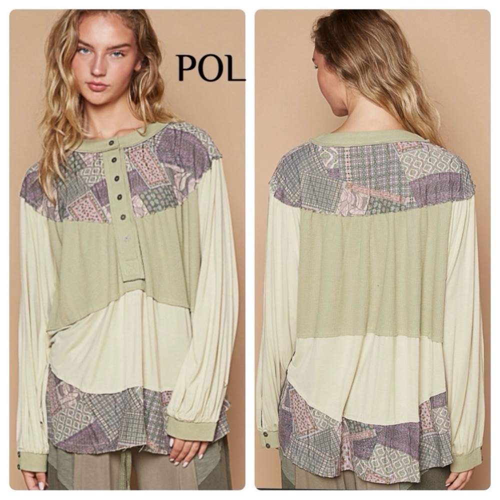POL Women's Patchwork Button Down Shirt in Green
